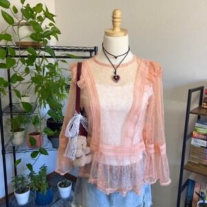 Pastel‎ Pink Sheer Lace Blouse Ruffle Hem Bell Sleeves Fairycore Womens Medium